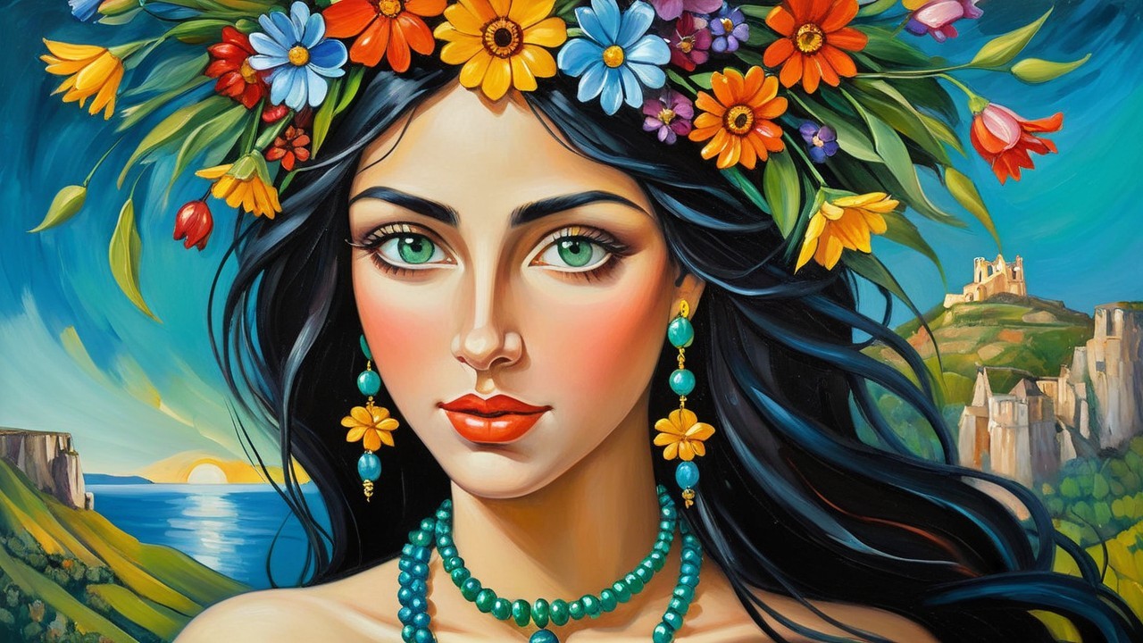 Portrait of a Young Woman with Floral Crown and Jewelry