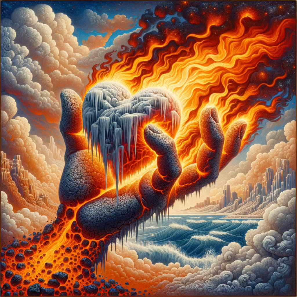 Colossal Hand Holding Heart of Ice and Fire