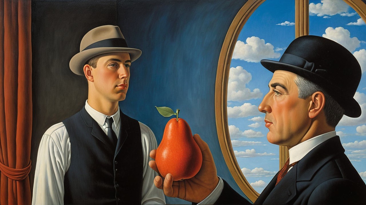 Surreal Painting of Two Men with Pear and Sky Background