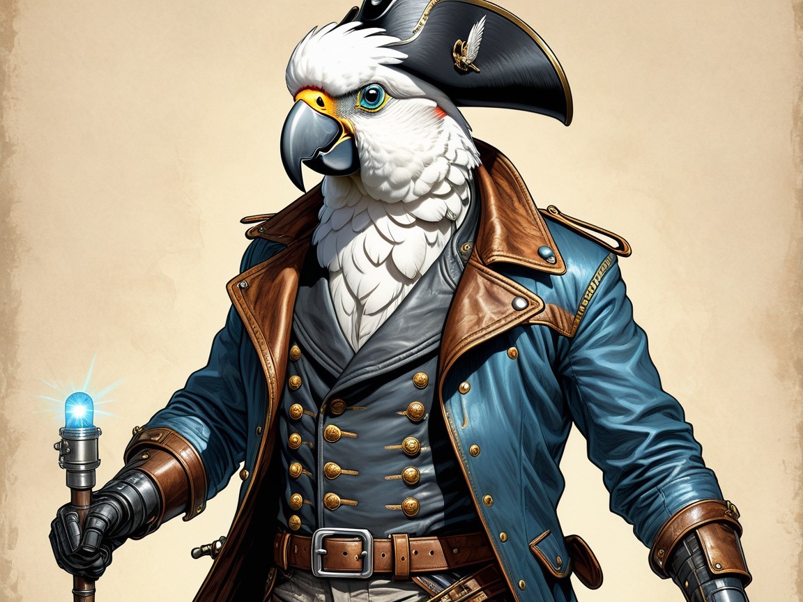 Stylized Pirate Parrot with Magical Staff and Hat