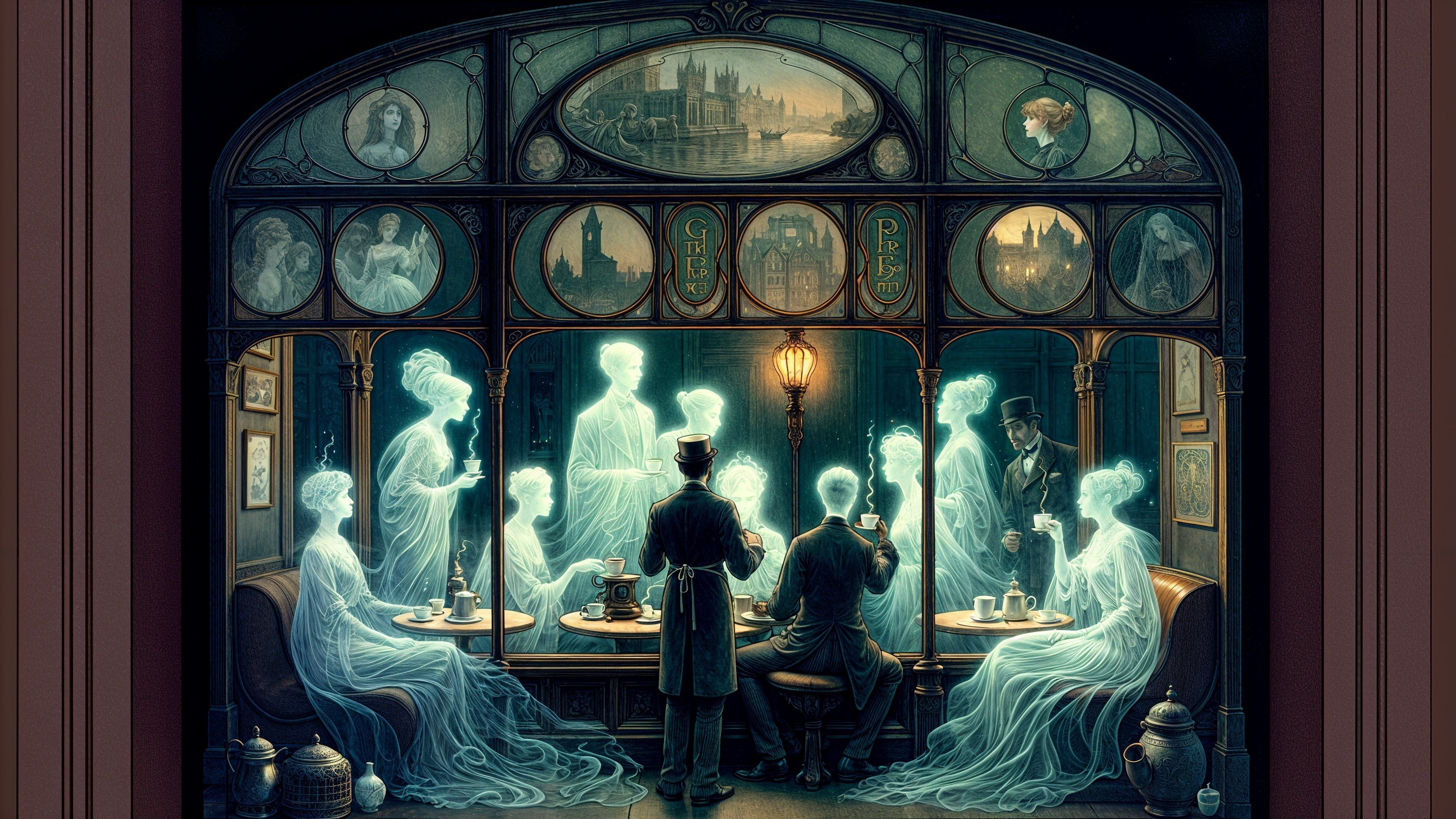 Victorian Café with Ghostly Figures and Historical Shadows