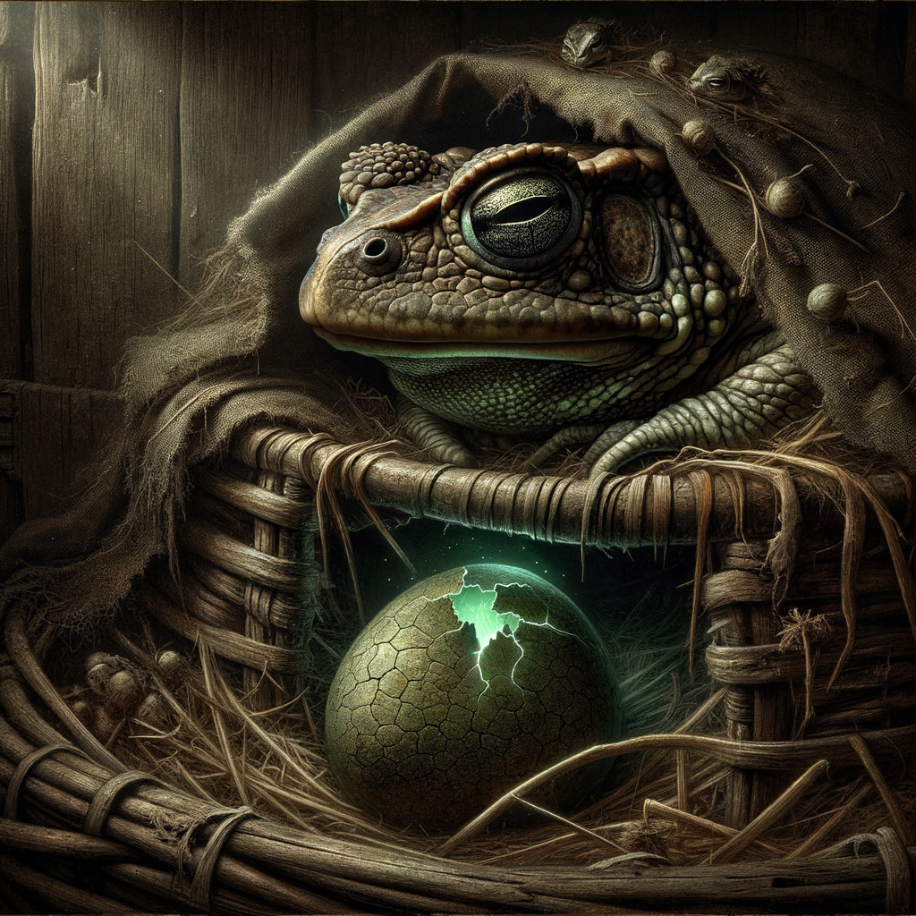 Wise Toad in Basket with Glowing Egg in Mysterious Setting
