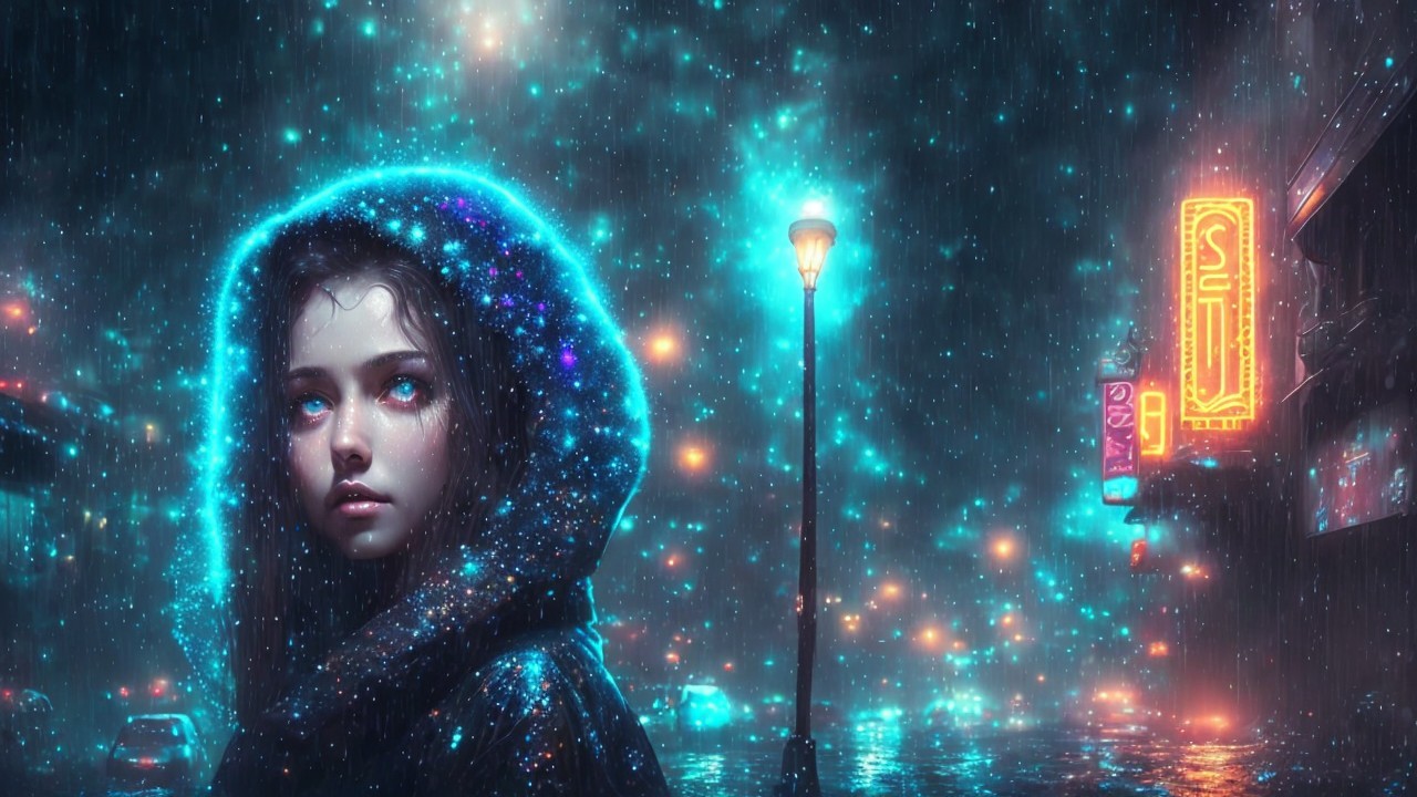 Neon Urban Night Scene with Young Girl and Raindrops