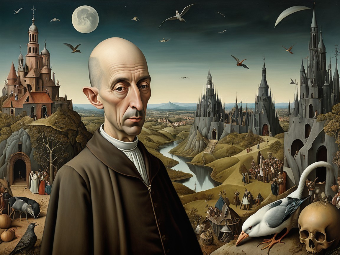 Surreal Landscape with Dark-Robed Figure and Castles