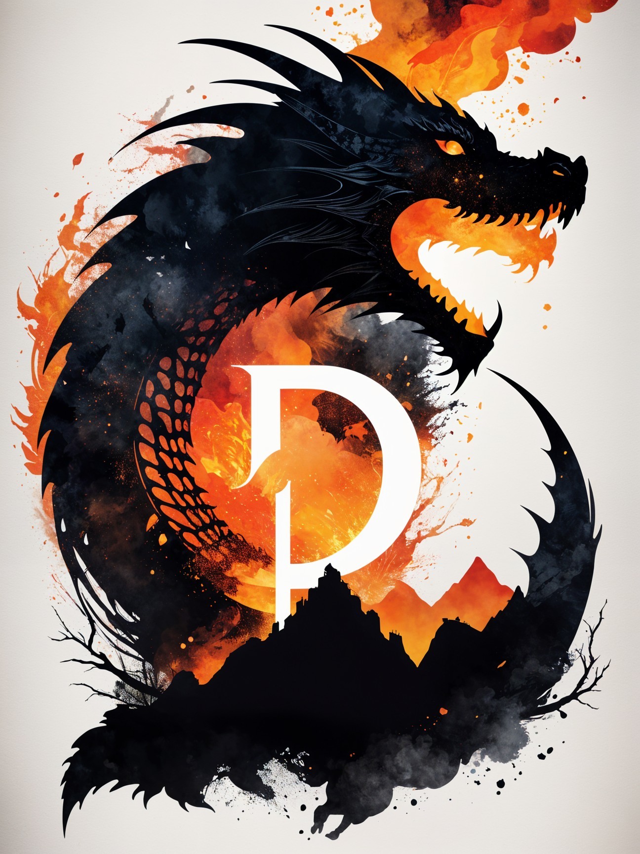 Dragon Silhouette with Flames and Bold Letter "P