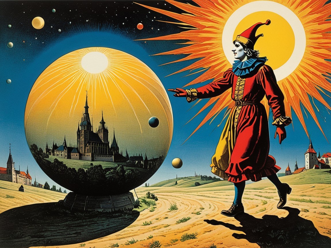 Whimsical Jester Approaching a Crystal Ball Landscape