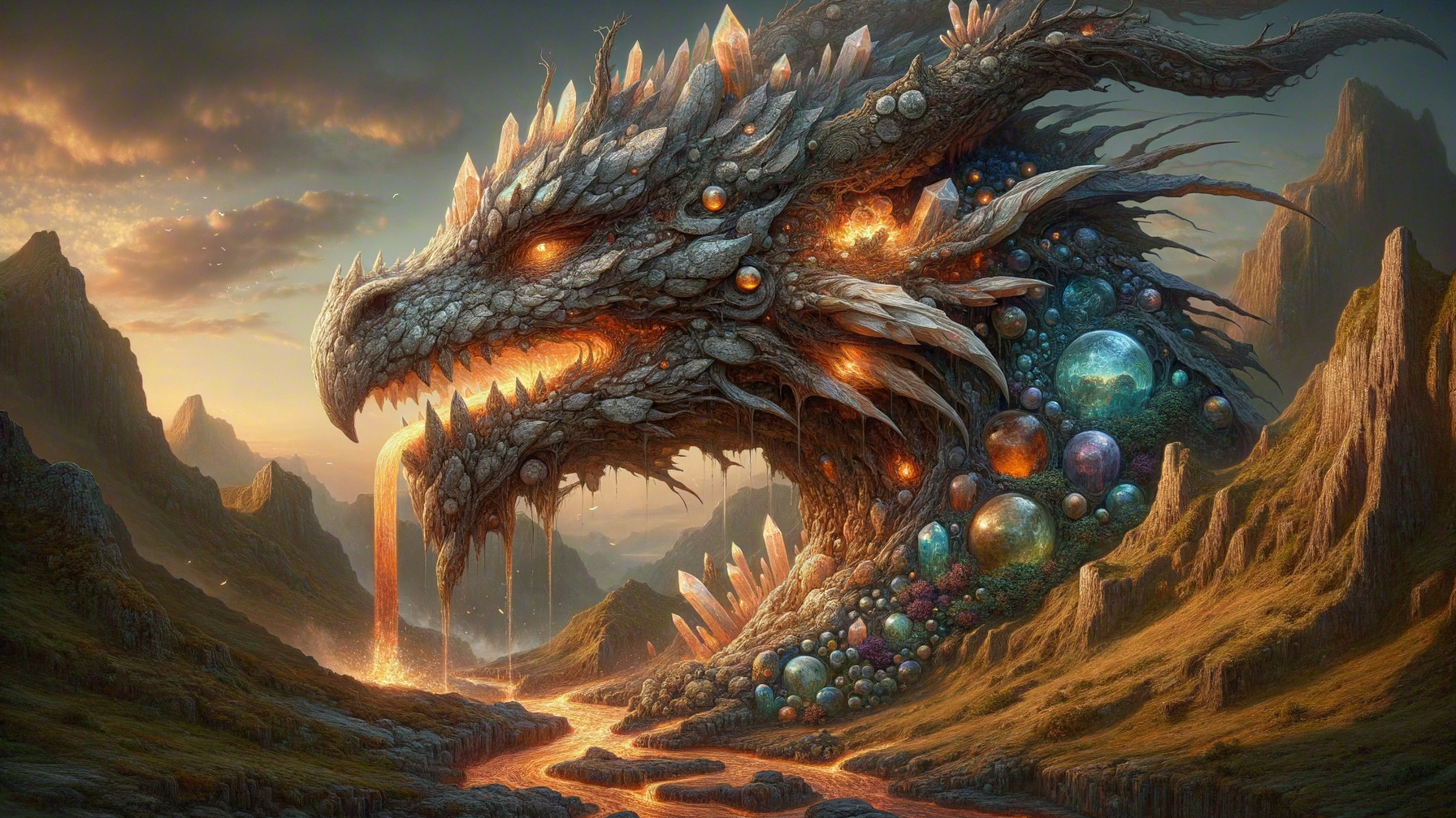 Dragon in Rugged Landscape with Fiery Eyes and Lava