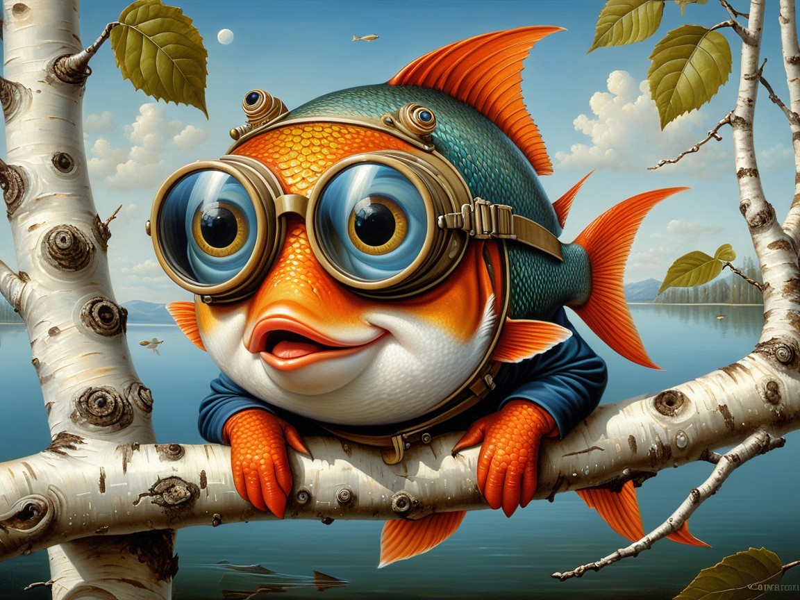 Steampunk Fish on Branch Overlooking Calm Lake