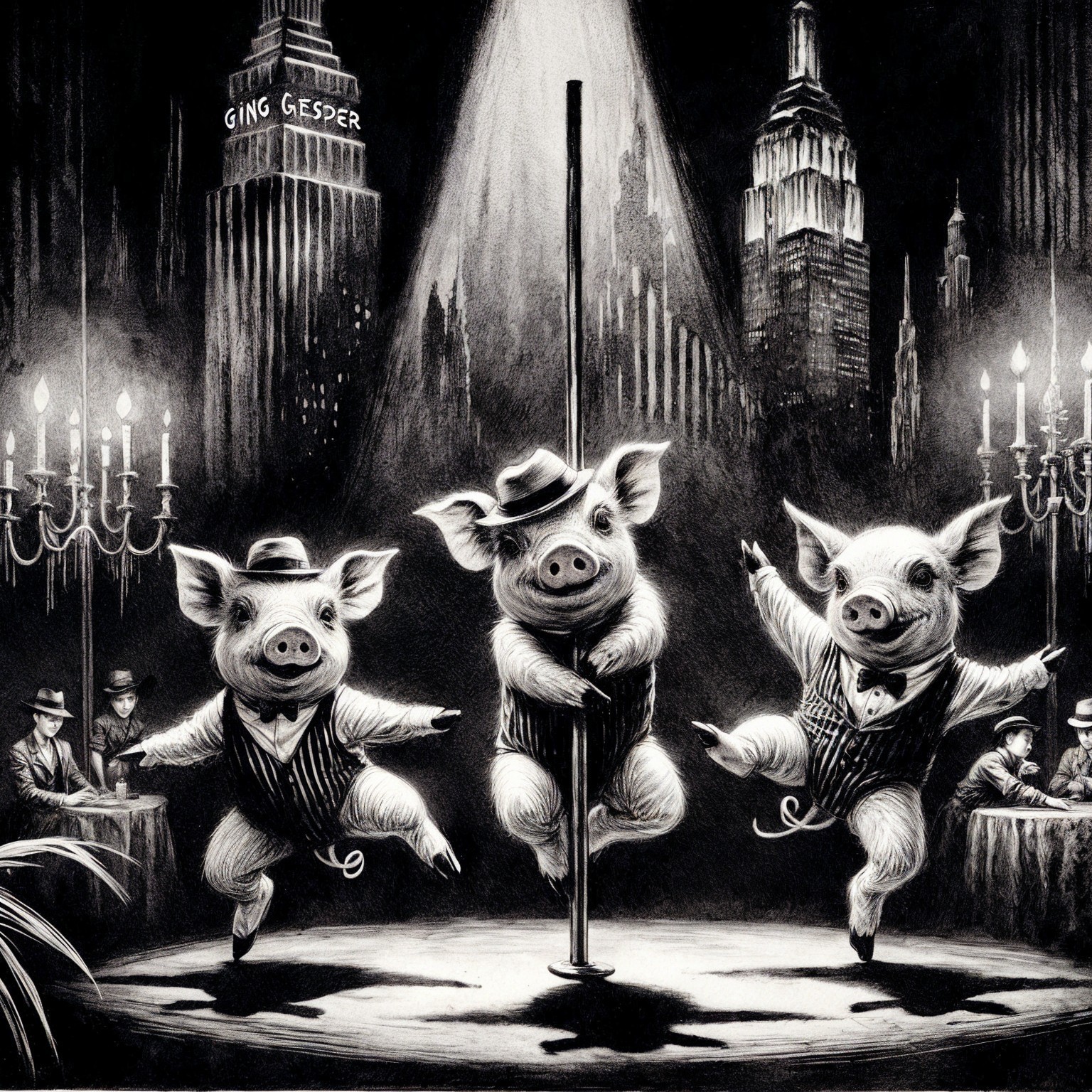 Cartoon Pigs Dance in Dapper Suits at Cabaret Scene
