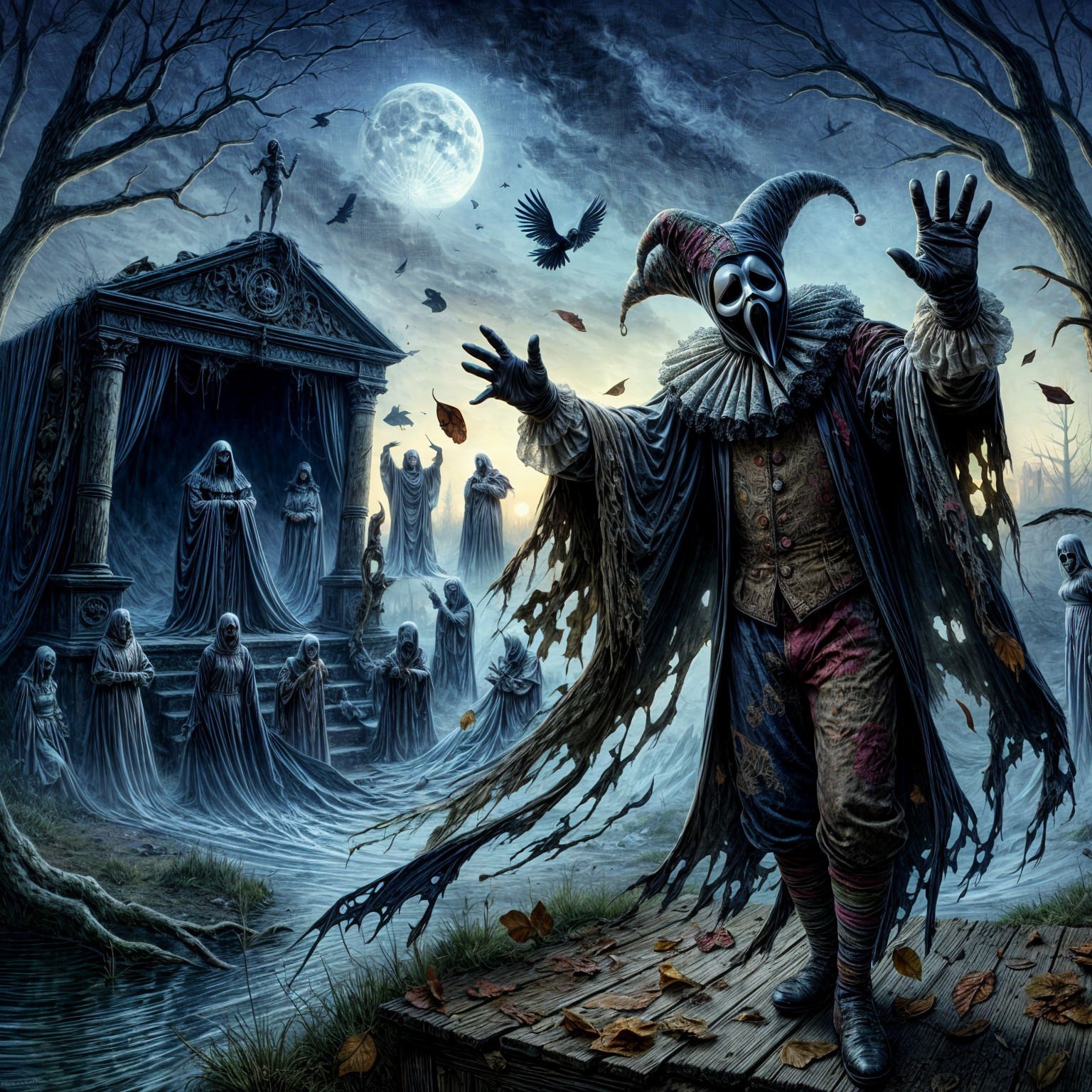 Sinister Clown on Dock with Eerie Mausoleum Background