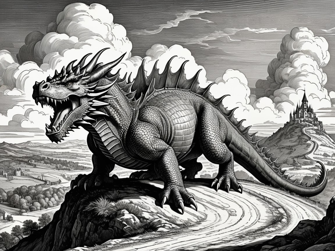 Majestic dragon on rocky outcrop with castle backdrop