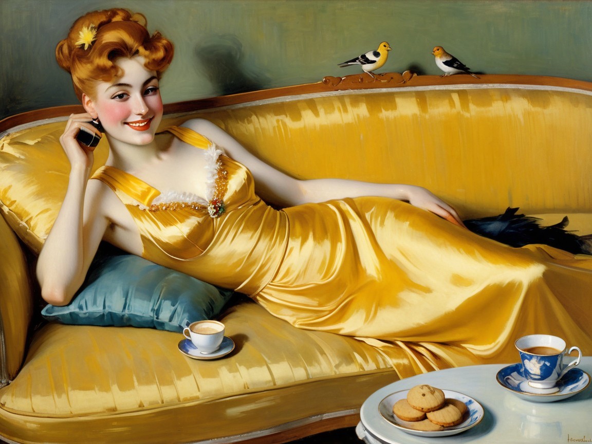 Woman in yellow gown reclining on a golden sofa