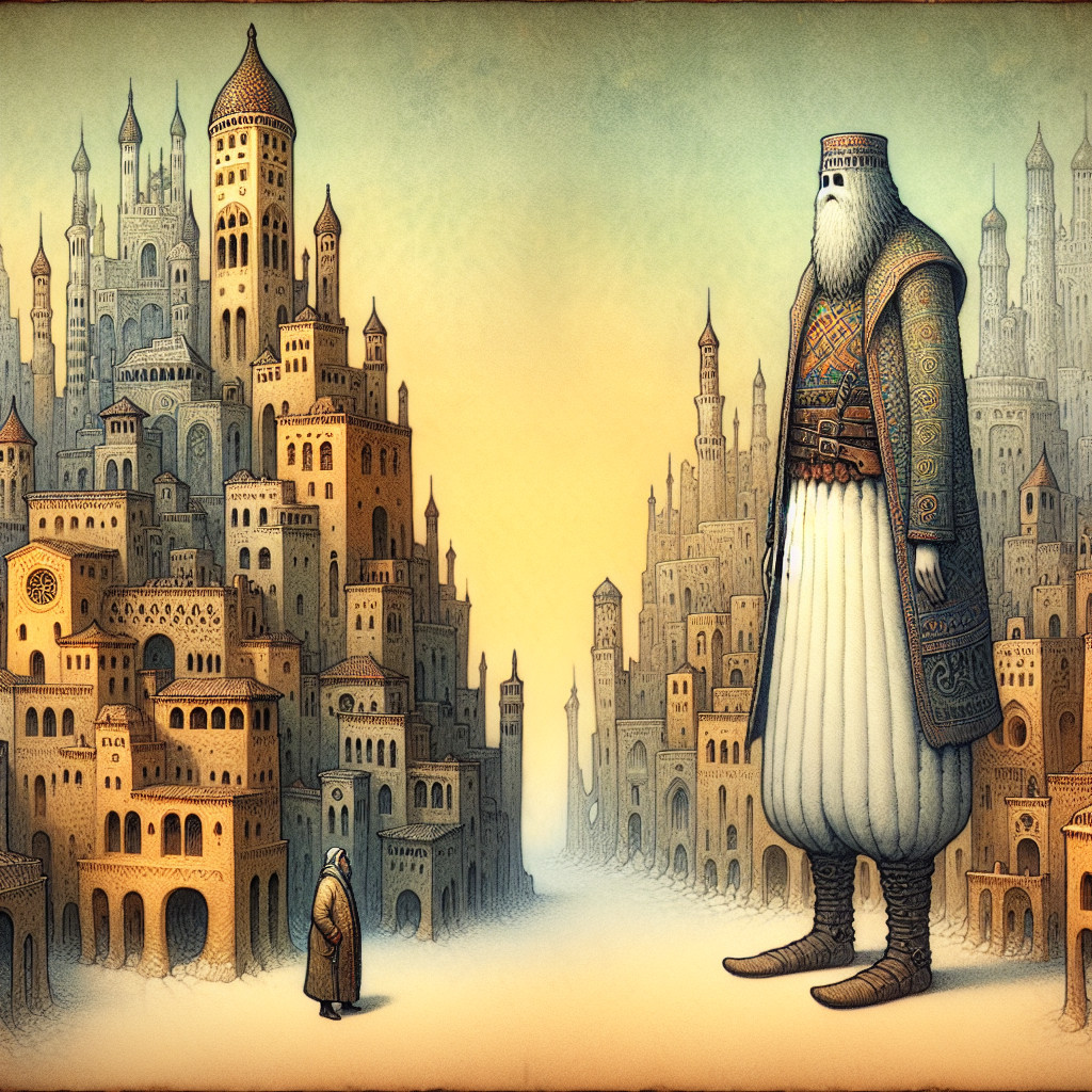 Fantastical Cityscape with Towering Buildings and Figures