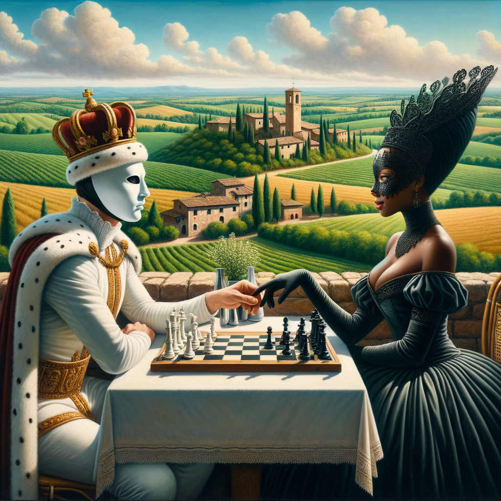 Surreal Chess Game Between Masked Figures in Landscape