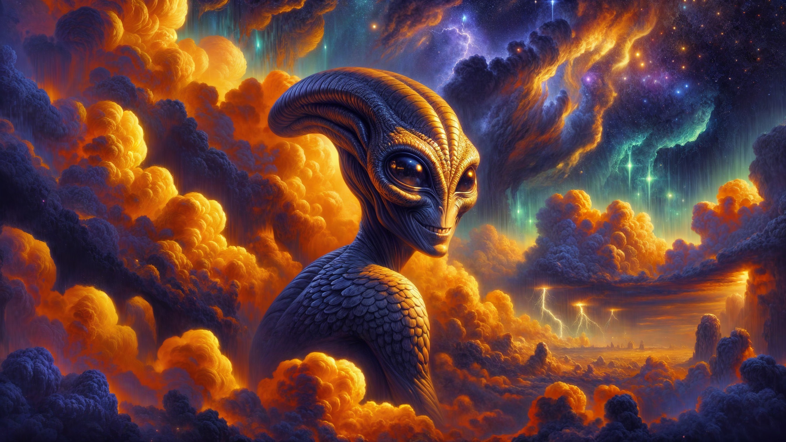 Alien Figure Surrounded by Cosmic Clouds and Stars
