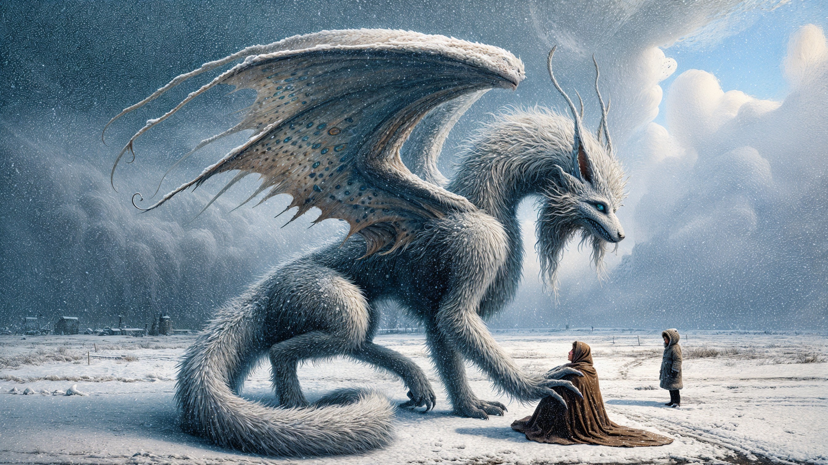 Mythical creature and woman in snowy landscape scene
