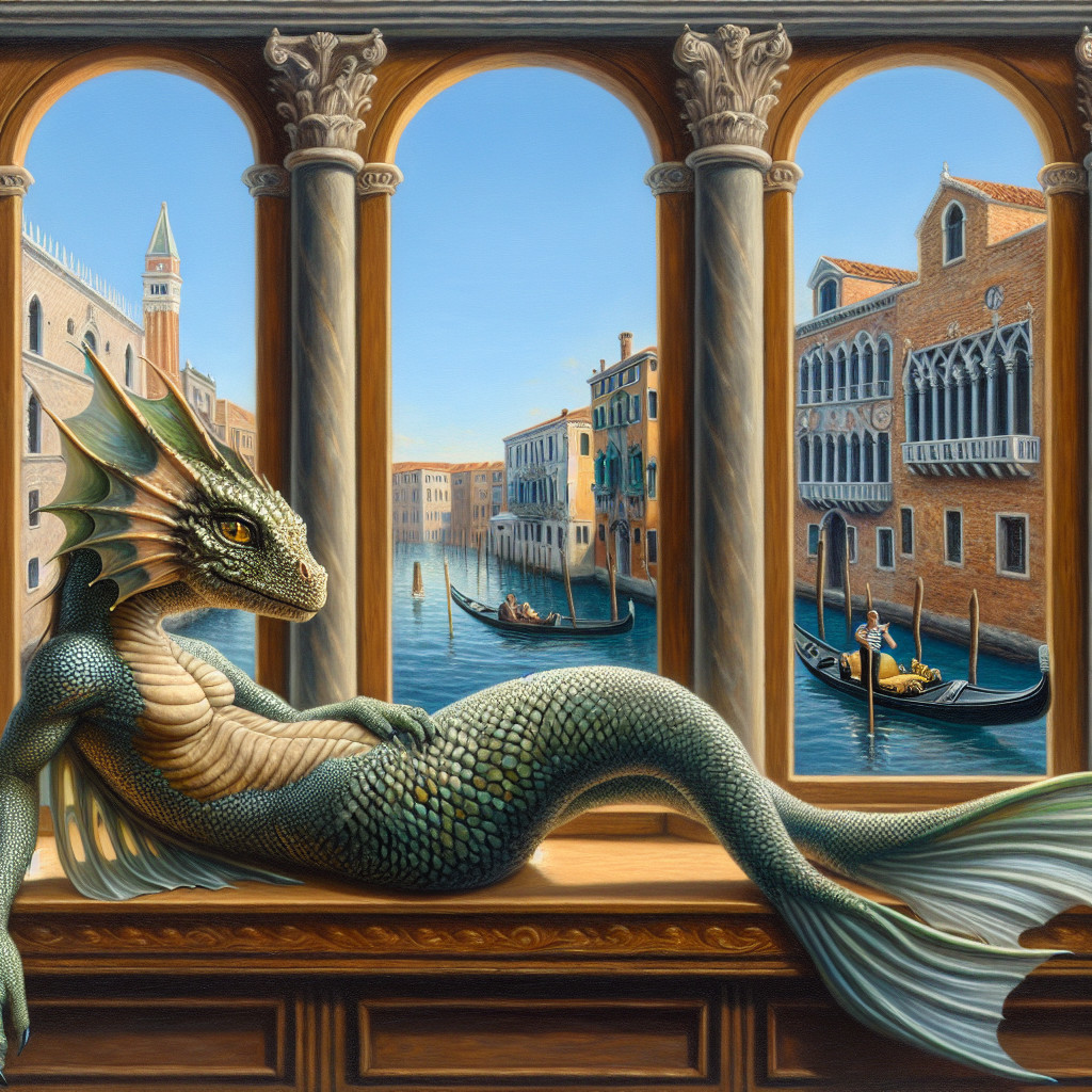Dragon-like Creature by Venetian Canal in Dreamy Setting