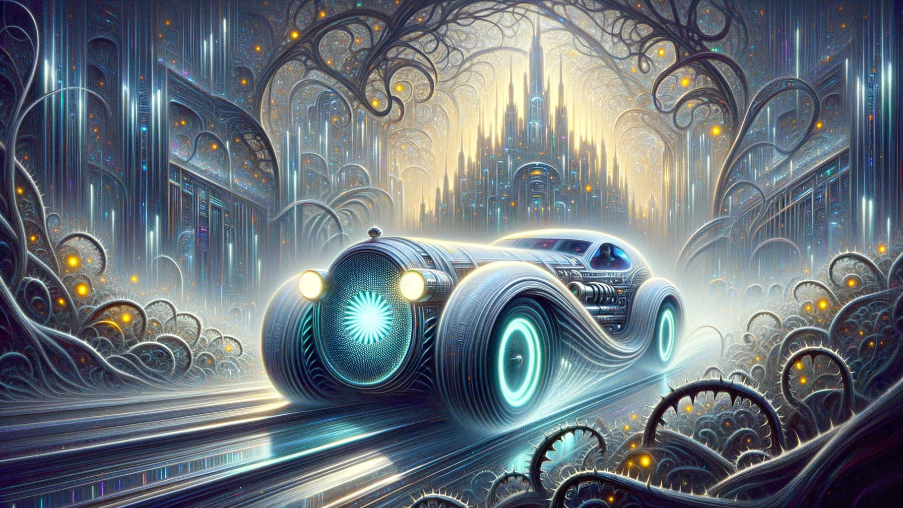 Futuristic Car in Dreamlike Cityscape with Gears and Lights