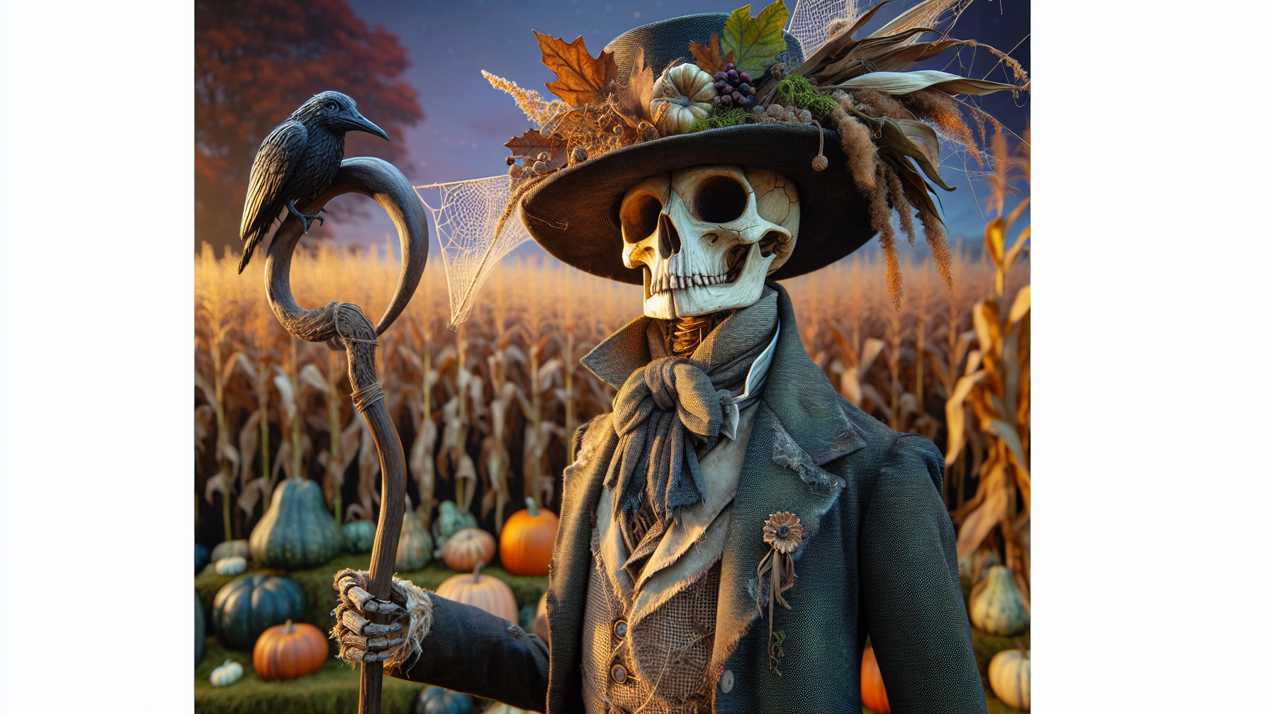 Skeleton Figure in Autumn Landscape with Corn and Pumpkins