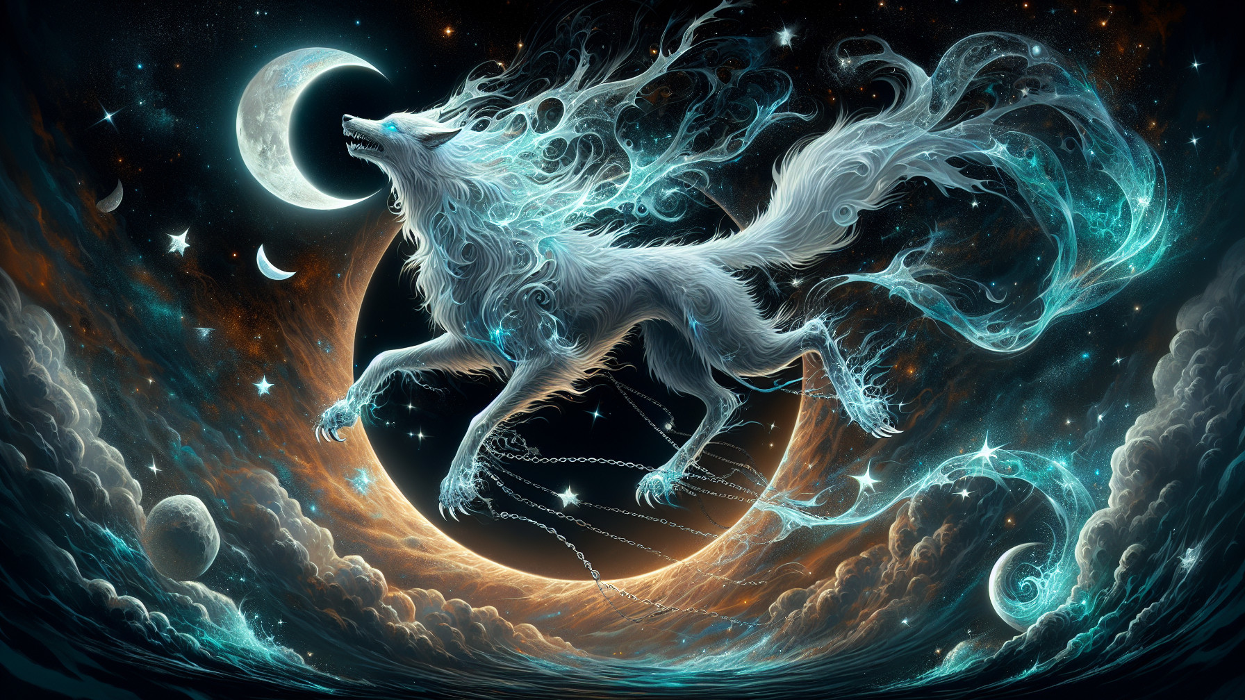 White wolf in cosmic scene with stars and moon