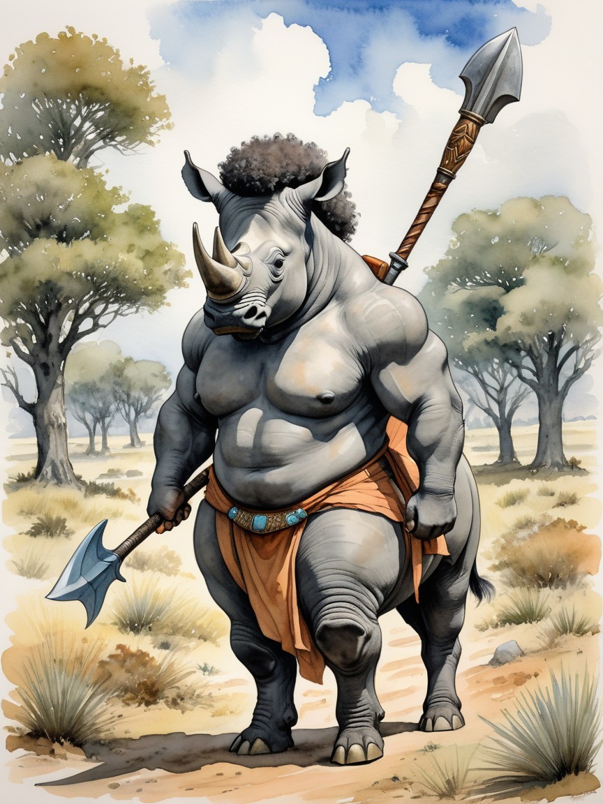 Muscular Rhinoceros in Savanna with Weapons