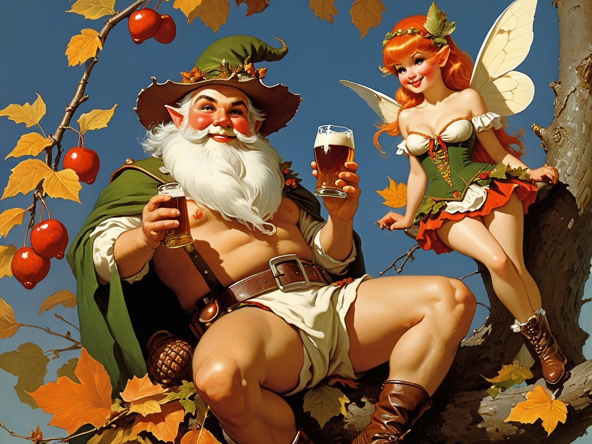 Whimsical Scene of a Bearded Figure and Fairy in Autumn