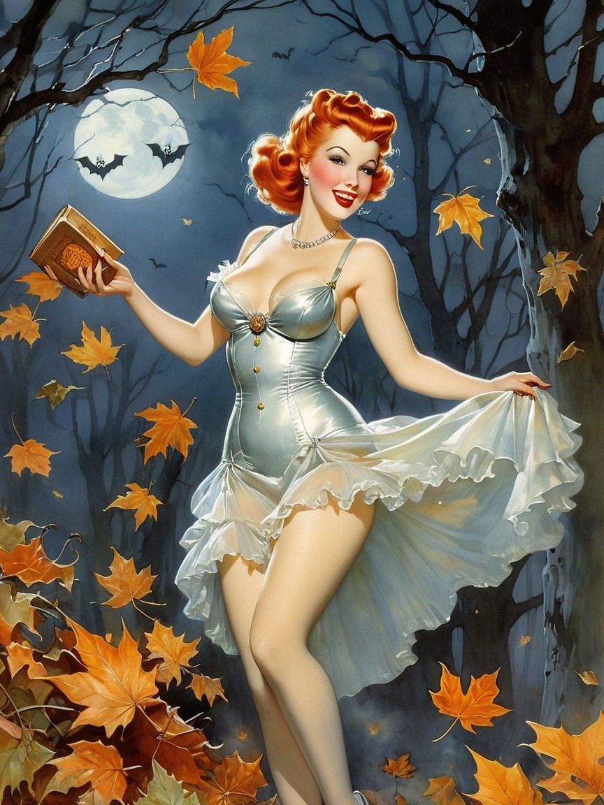 Glamorous Woman in Silver Dress Among Autumn Leaves
