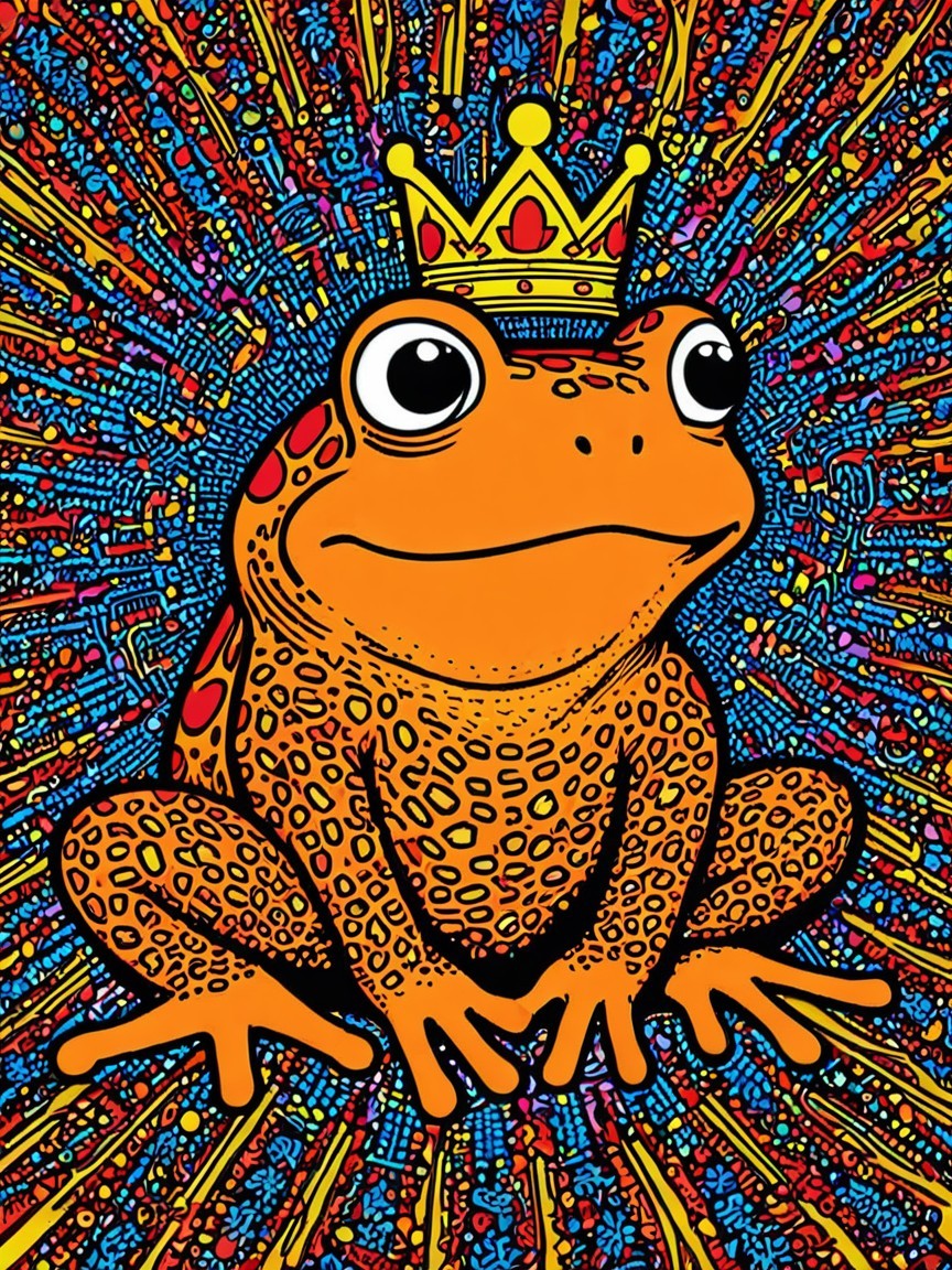 Cartoon Frog with Crown in Colorful Psychedelic Scene