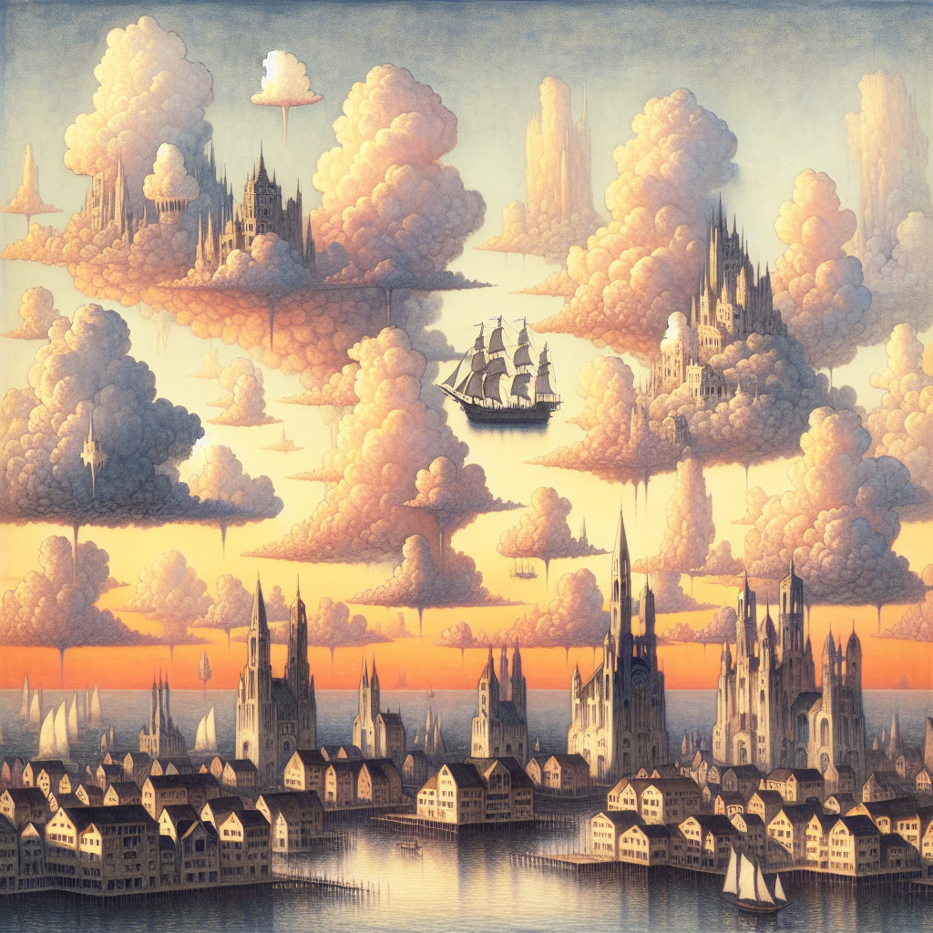 Surreal Floating City in Warm Dusk Landscape