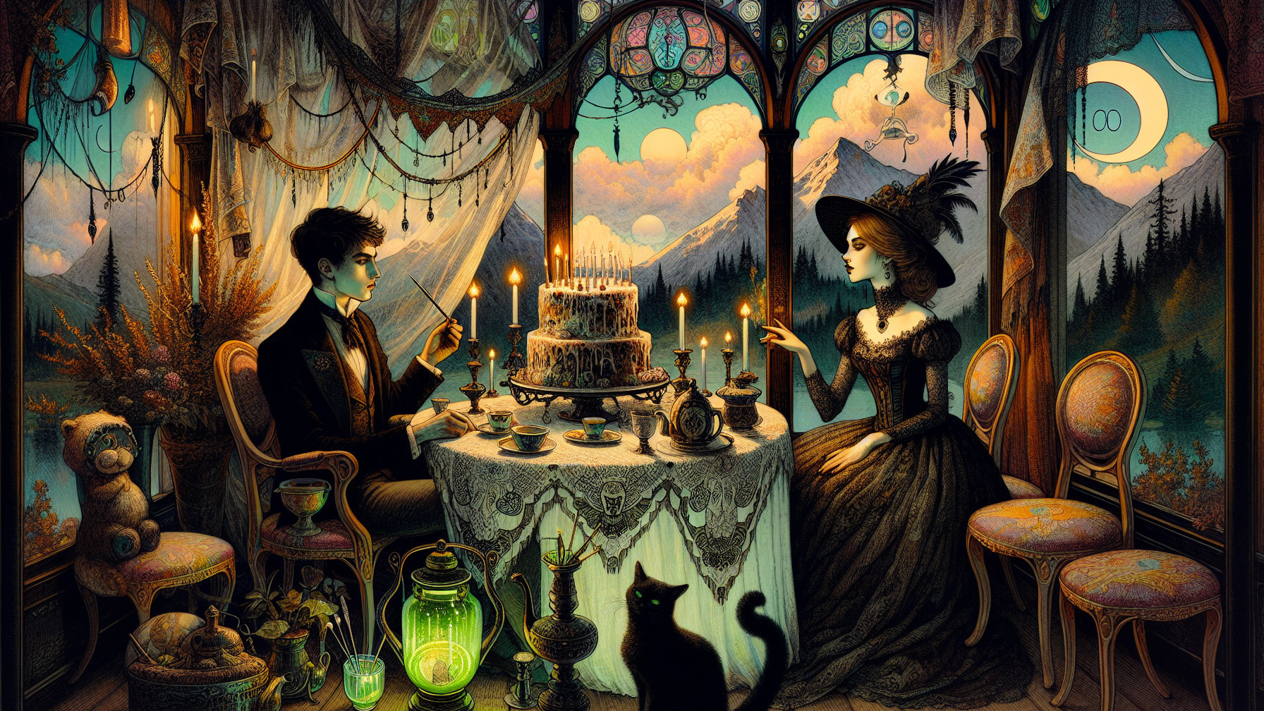 Victorian Couple at Elegant Table with Cake and Decor