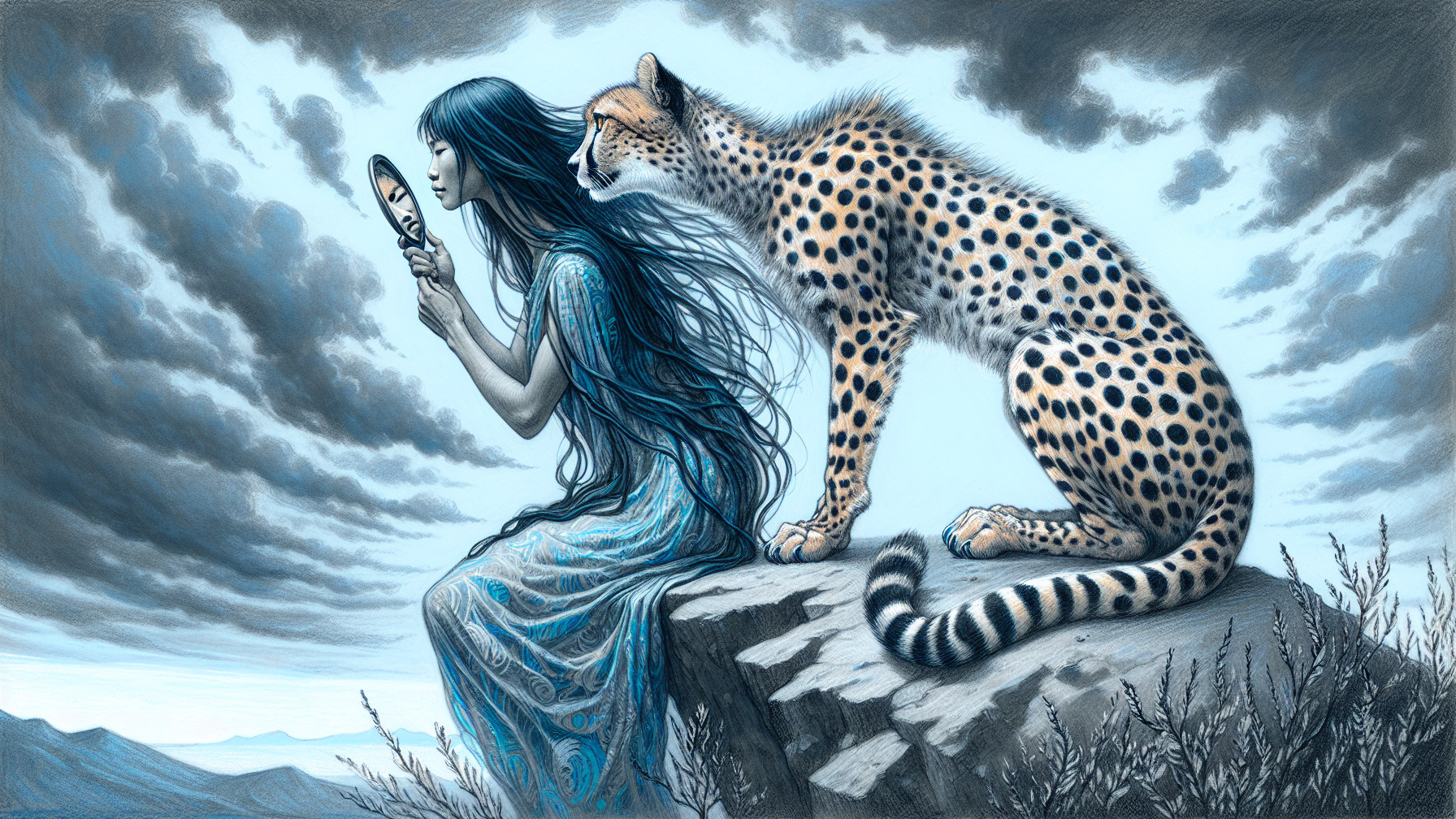 Young woman and cheetah in a mystical landscape scene