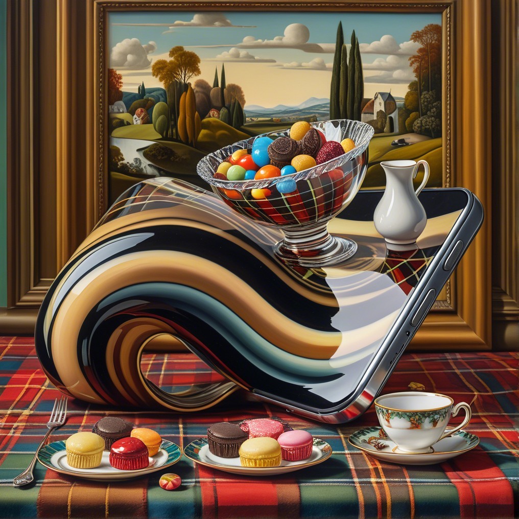 Surreal Smartphone and Candy Display in Landscape Setting