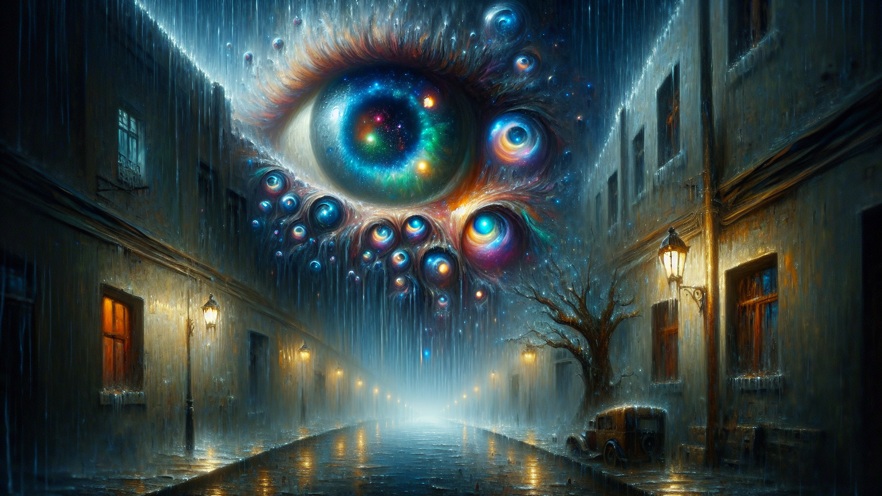 Surreal Street Scene with Cosmic Eye and Rainy Sky