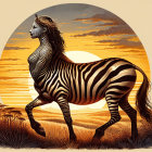 Zebra in Savanna at Sunset with Wildlife Silhouettes