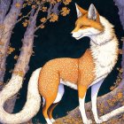 Majestic fox in autumn woodland setting with trees