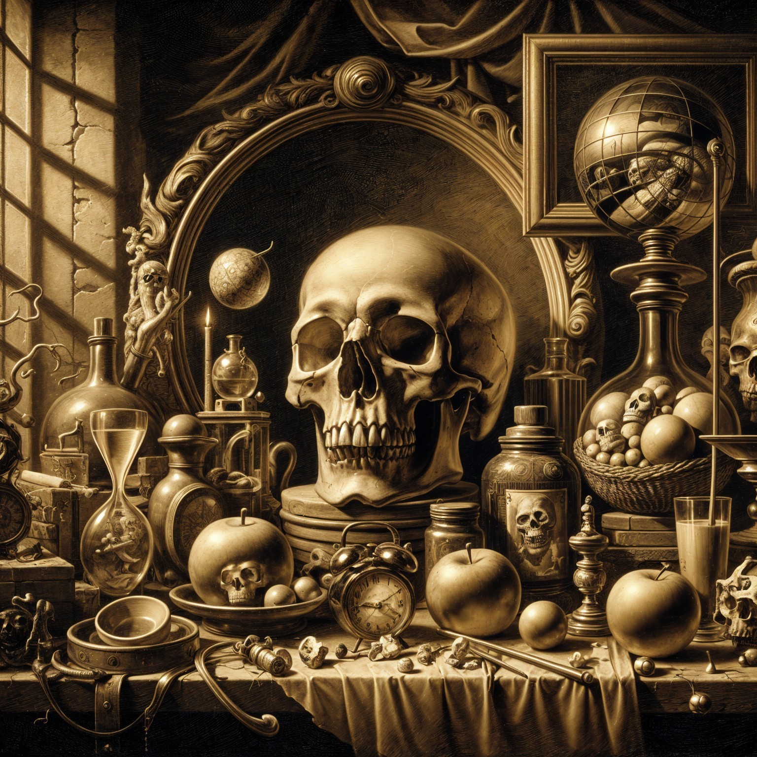 Still Life with Skull, Antique Bottles, and Hourglass