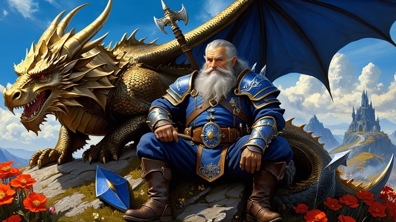 Regal Warrior and Golden Dragon in Epic Fantasy Setting
