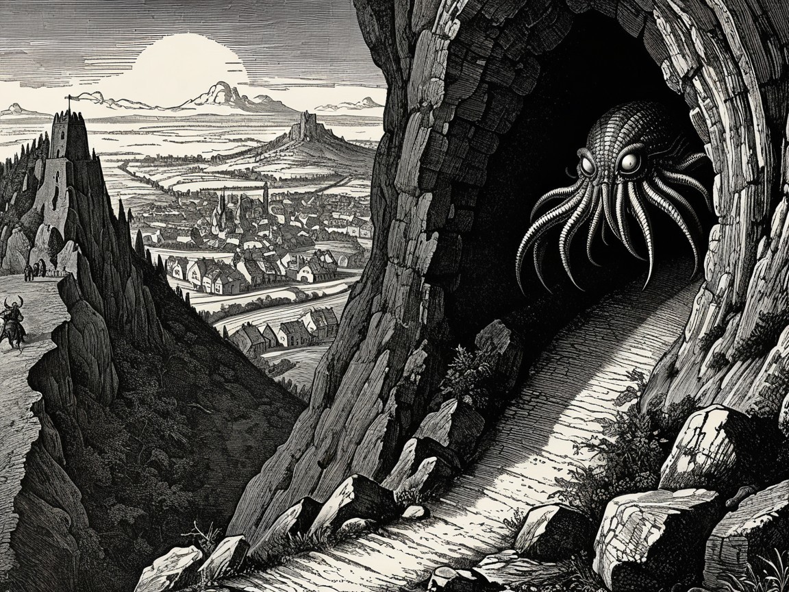 Towering Creature at Cave Entrance Overlooks Village