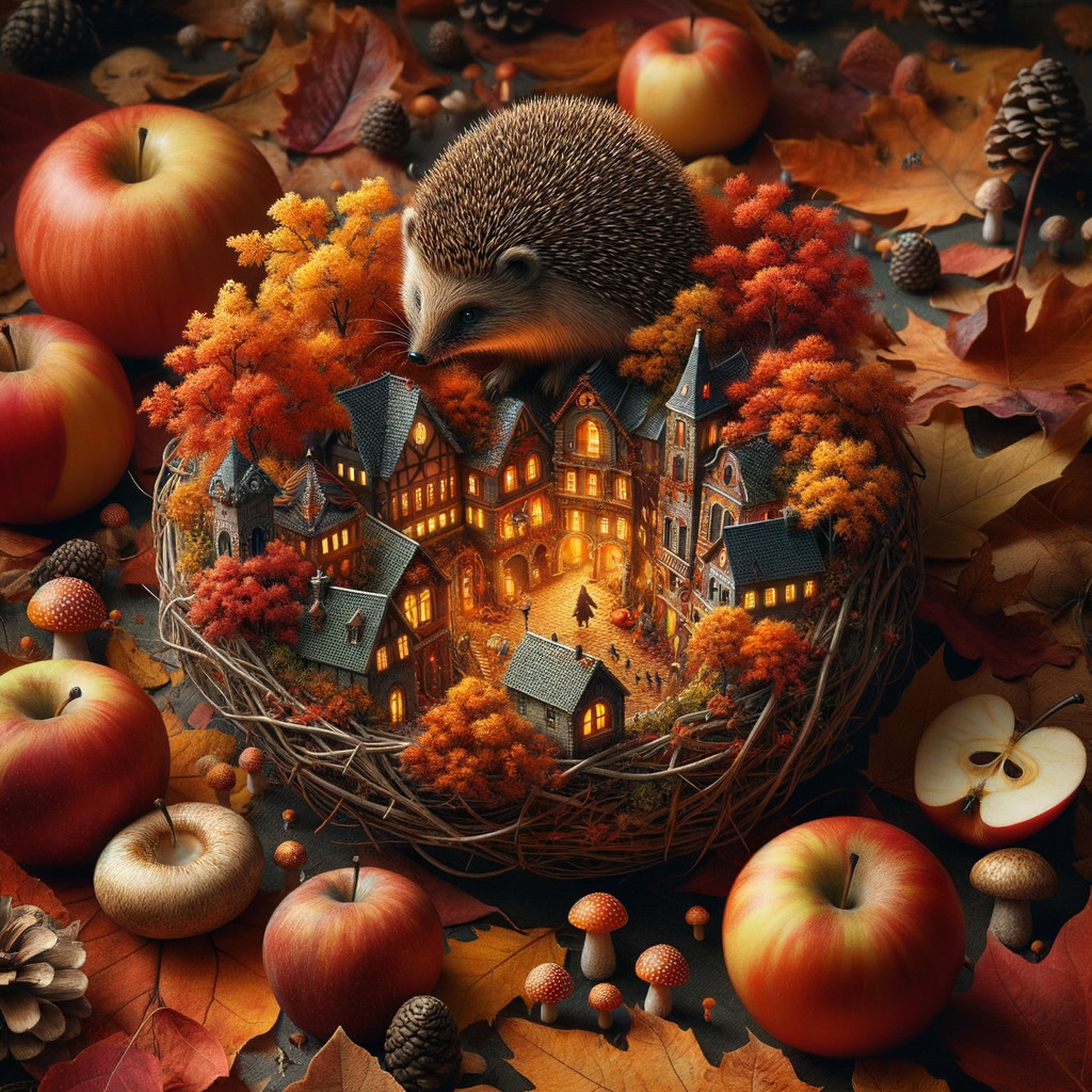 Hedgehog in Autumn Leaves with Miniature Village Scene