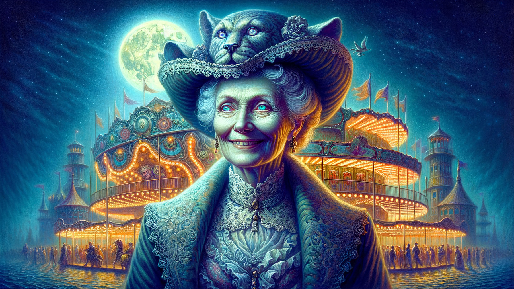 Elderly Woman with Cat Hat at Enchanted Carousel