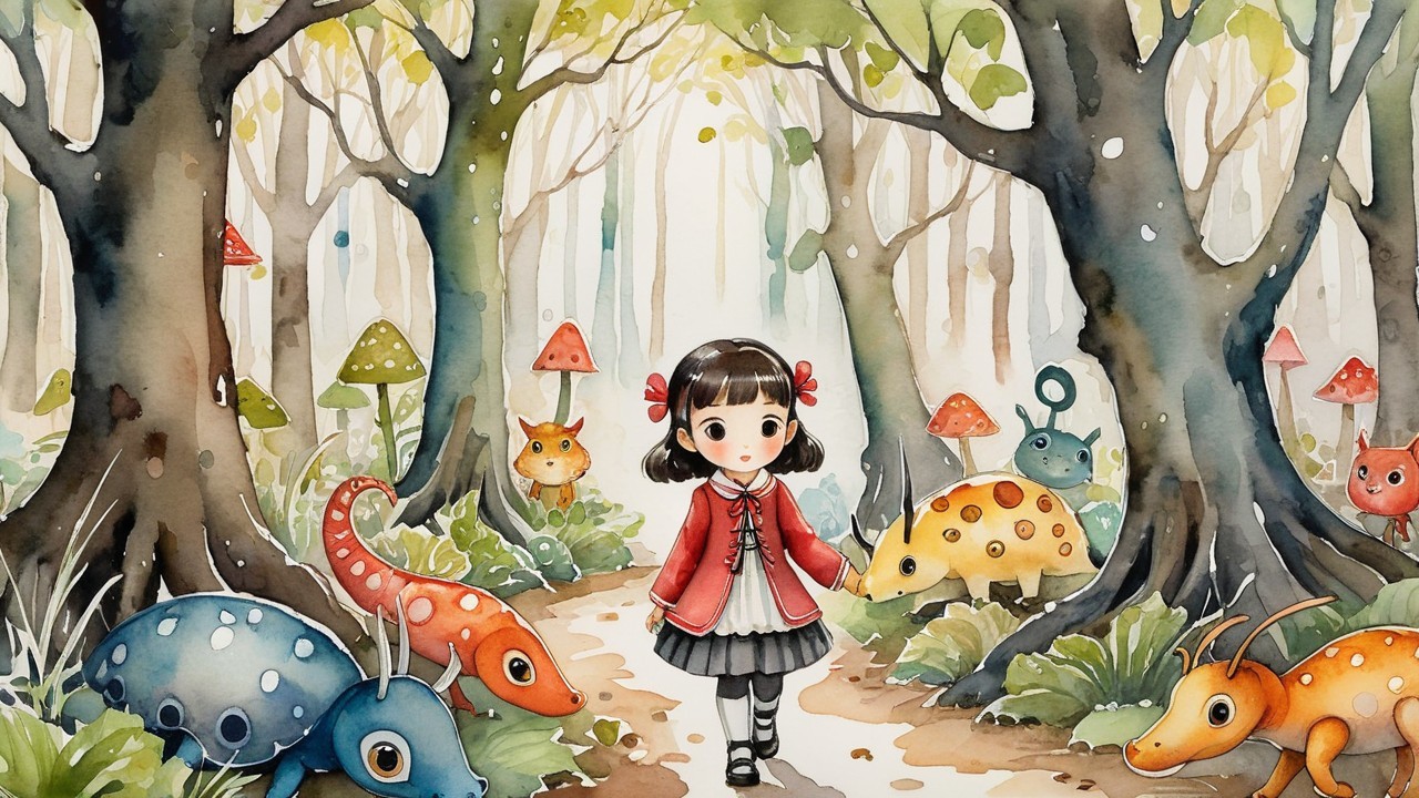 Whimsical forest scene with vibrant creatures and sunlight