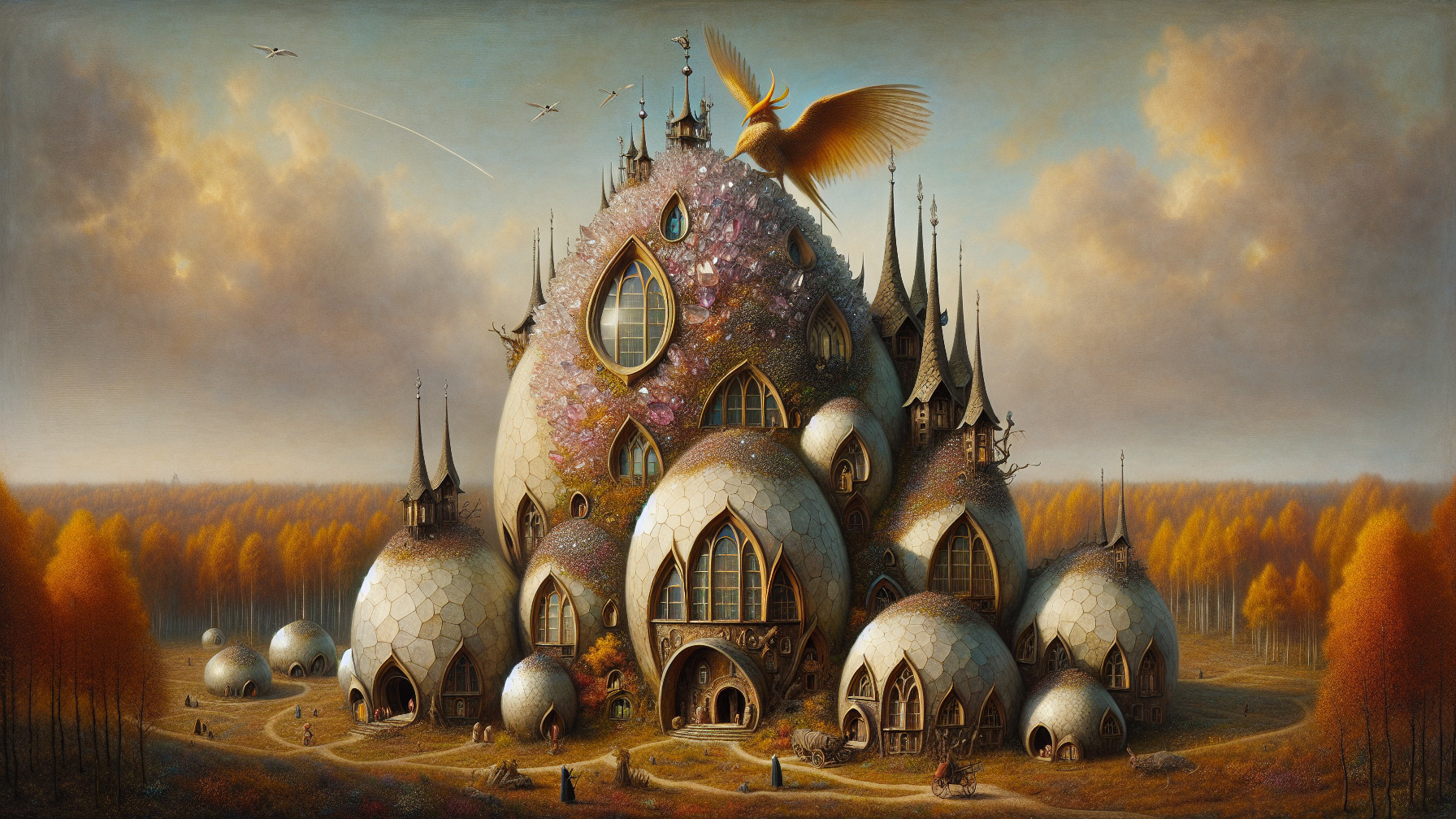 Fantastical castle with dome structures and phoenix