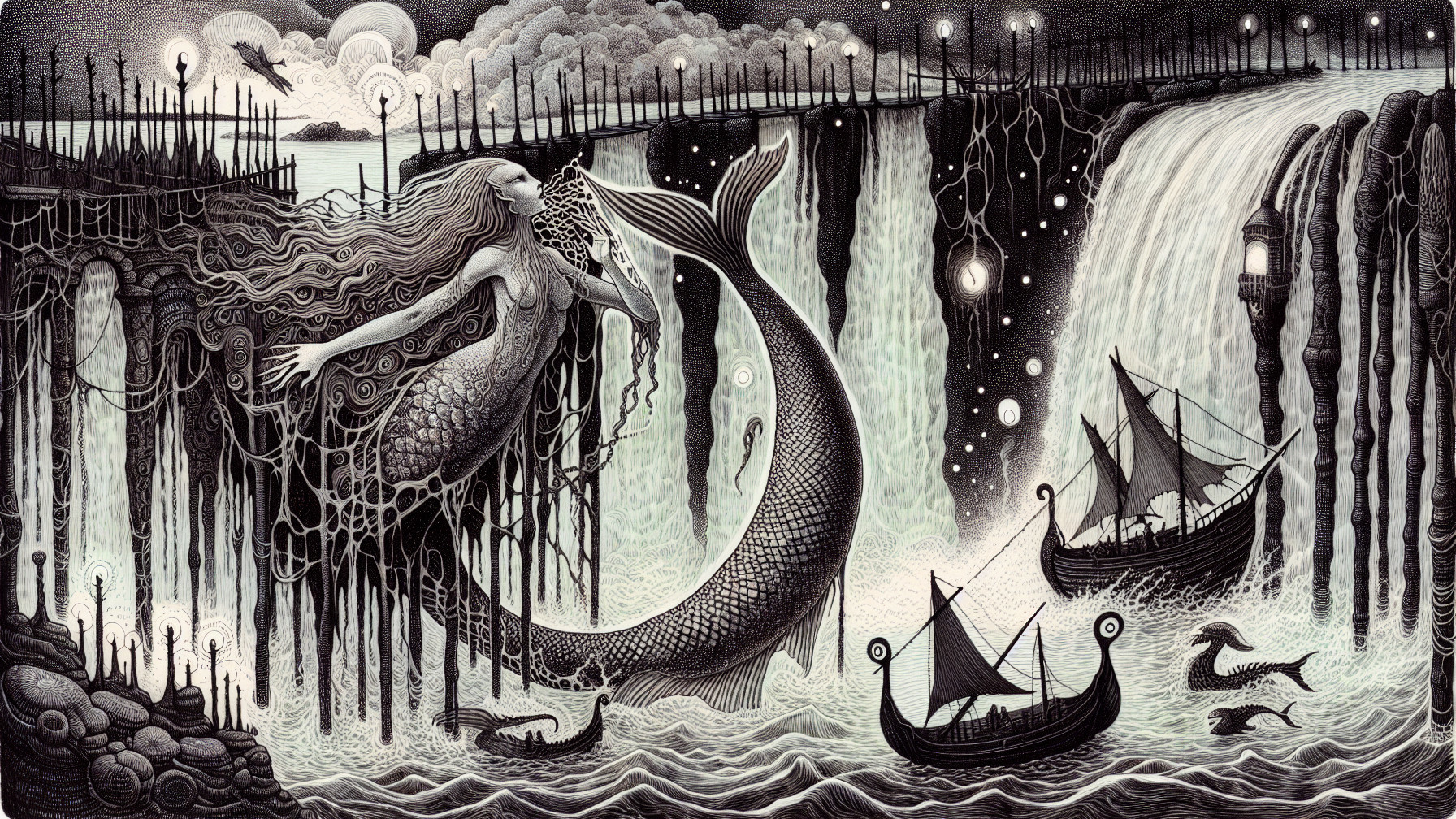 Monochromatic Mermaid Scene with Waterfalls and Lights