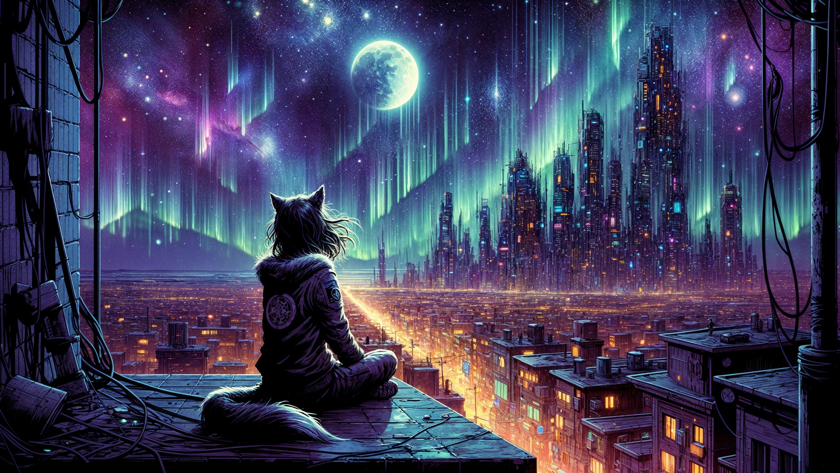 Lone Figure on Rooftop Overlooking Futuristic Cityscape