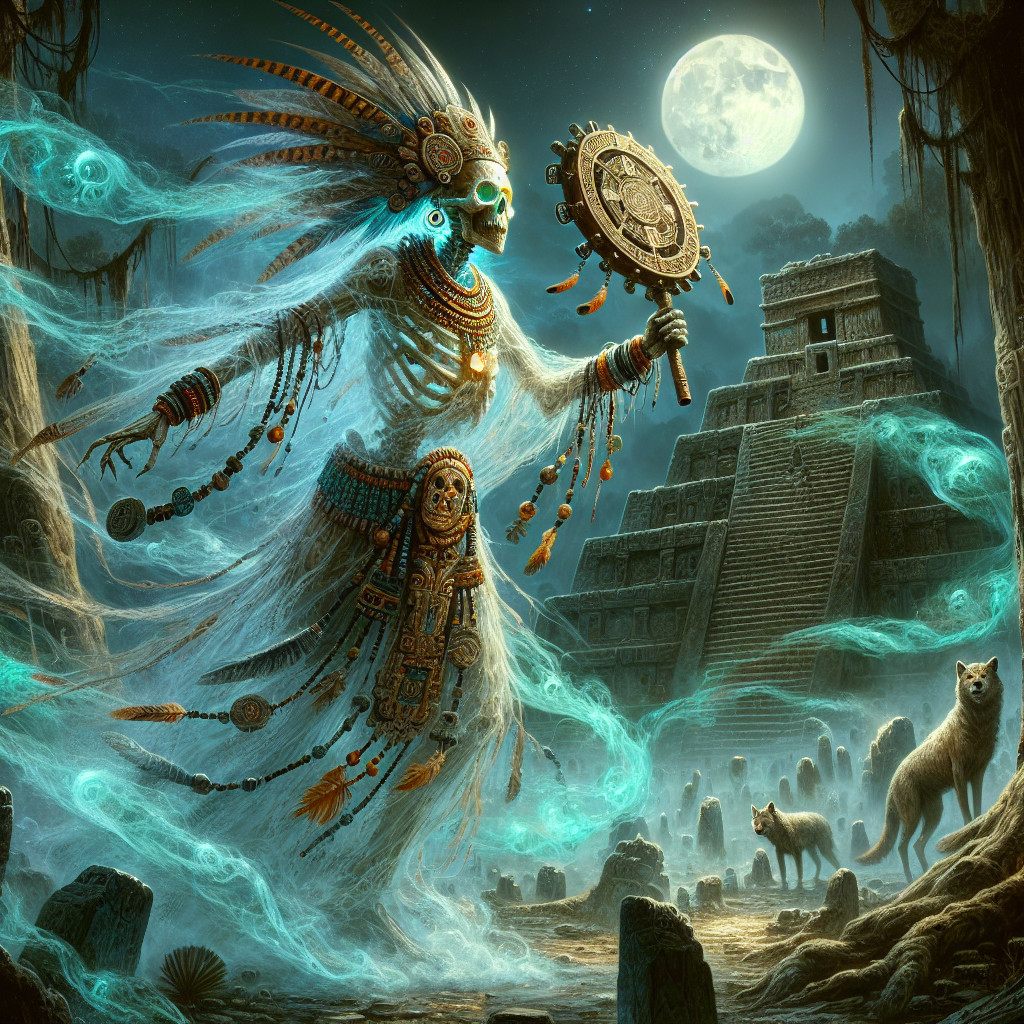 Spectral Figure at Mystical Temple in Moonlight