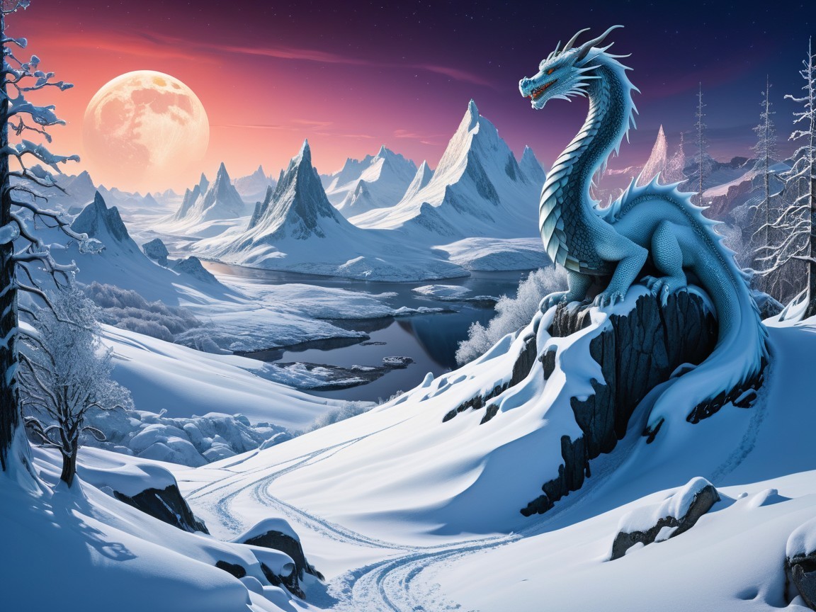 Blue Dragon Overlooks Snowy Valley Under Full Moon