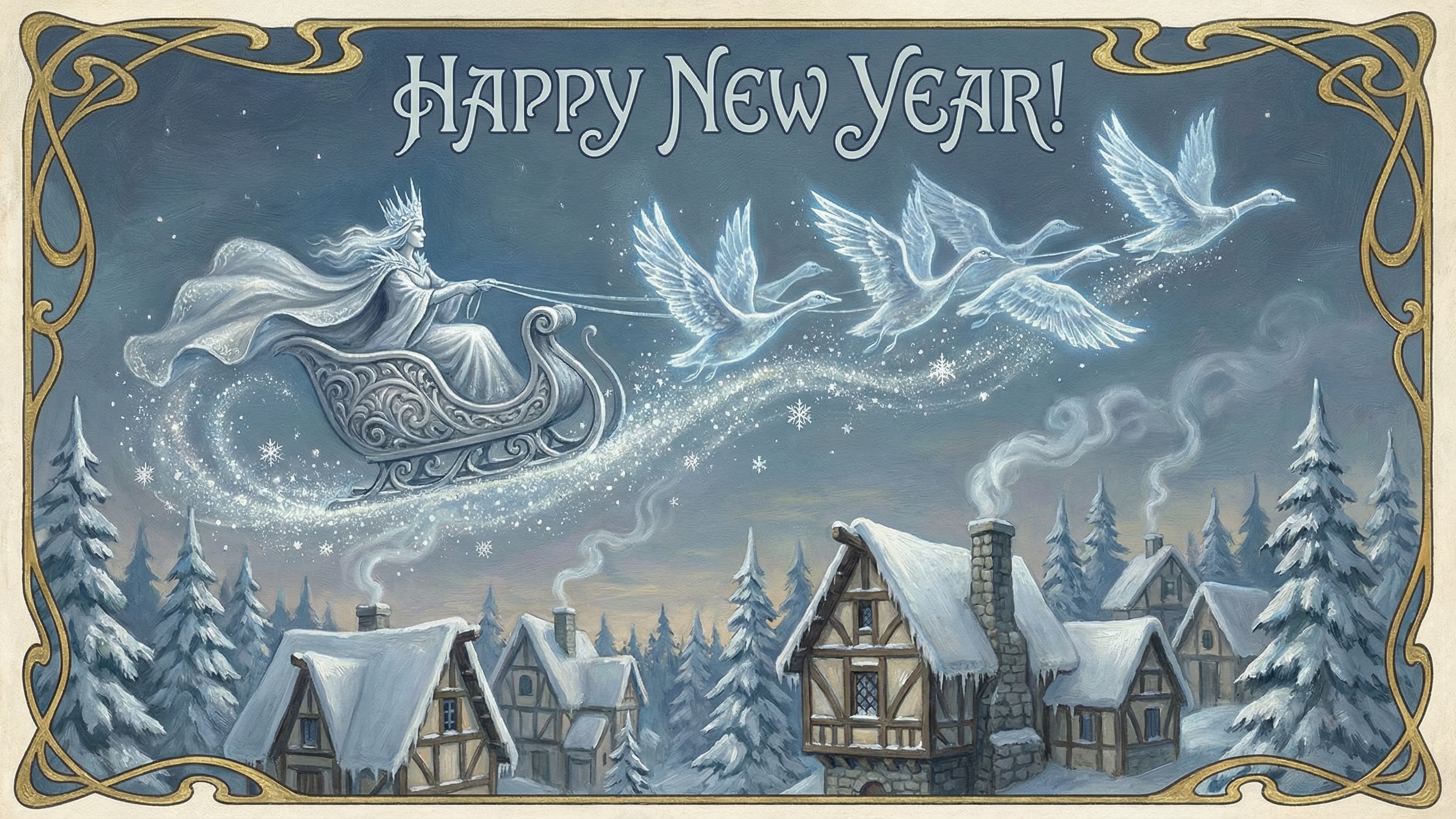 Detailed Painting of a Frost Queen in Silver Sleigh