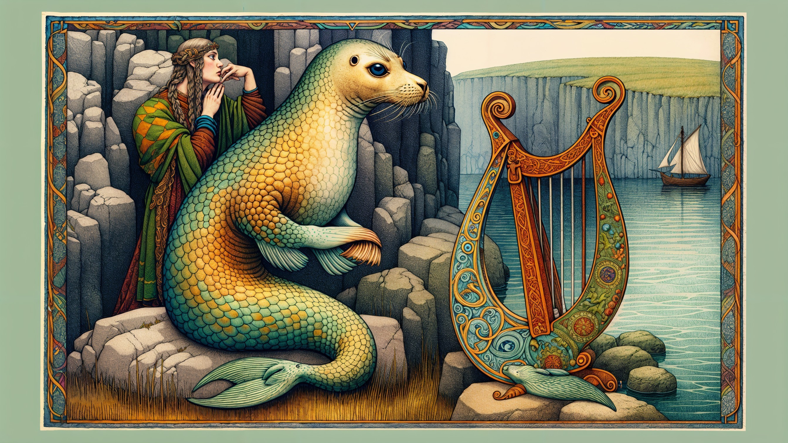 Mystical Scene with Seal Creature and Harp by Water