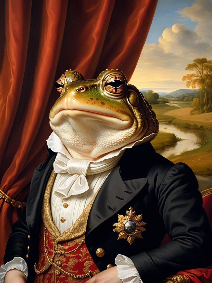 Whimsical Frog Portrait in Elegant Suit and Medal