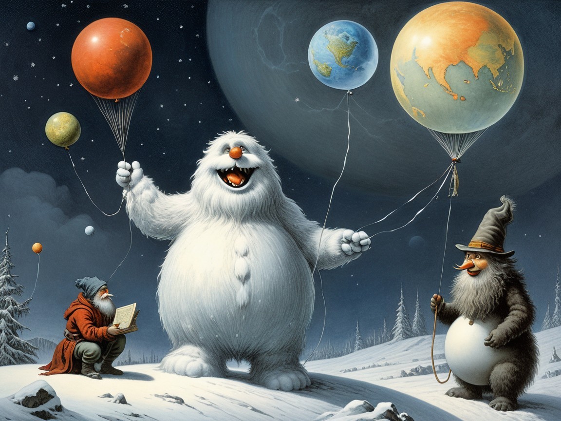 Whimsical Winter Scene with Yeti and Gnomes
